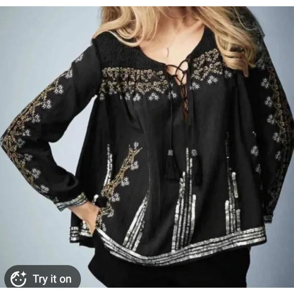 Kate Moss festival peasent Black Sequin Embroidered Peasant Blouse Boho Top US 6